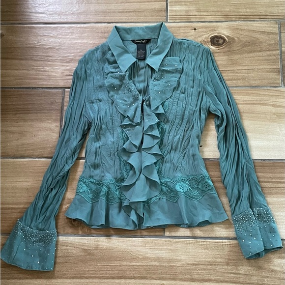 Vintage Y2K Top Sunny Tylor PS Turquoise Ruffle Flare Sleeve Fairy - Picture 1 of 9